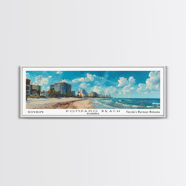 Pompano Beach Florida Panoramic Framed Canvas Print, Watercolor Cityscape Art, Travel Poster, Home Decor, Urban Gift Idea, Living Room Art
