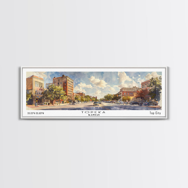 Topeka Kansas Panoramic Wall Art, Framed Canvas Print, Vintage Style Travel Poster, Home Decor, Artistic Office Piece, Unique Gift Idea