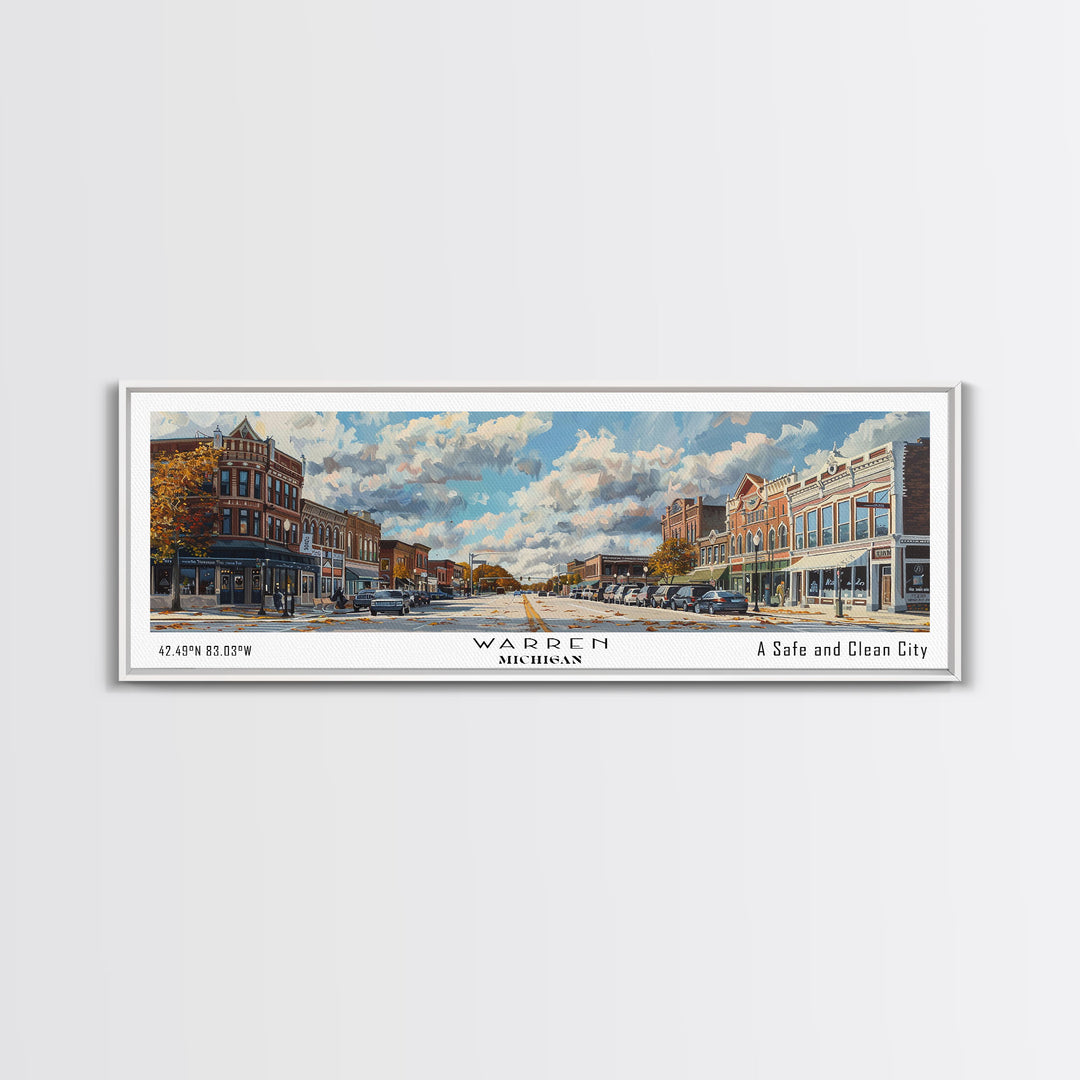 Warren Michigan Panoramic Framed Canvas Print, Vintage Travel Poster, Unique Wall Art, Artistic Home Decor, Office Gift Idea
