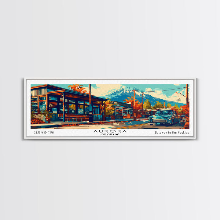 Aurora Colorado Panoramic Painting Framed Canvas Print, Mid Century Modern Art, Pop Art Style, Travel Poster, Wall Art Decor, Retro Style