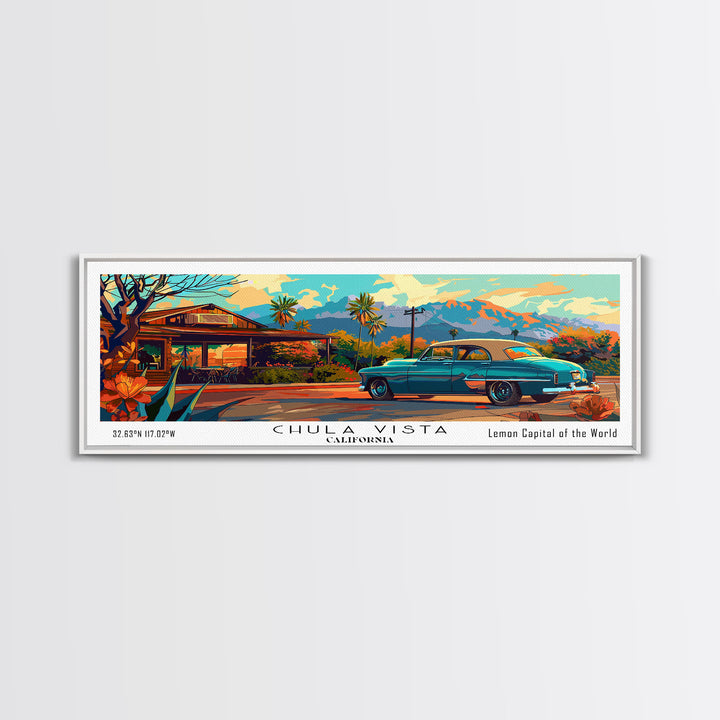 Chula Vista California Panoramic Wall Art Framed Canvas Print, Mid Century Modern Art, Pop Art Style, Travel Poster, Home Decor, Retro Style