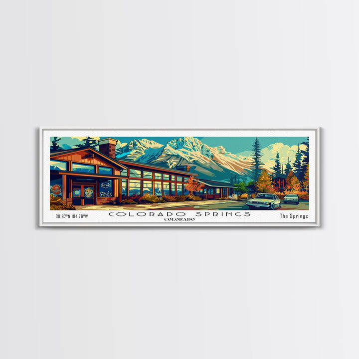 Colorado Springs Colorado Panoramic Travel Poster Framed Canvas Print, Mid Century Modern Art, Pop Art Style, Wall Art Decor, Home Decoration