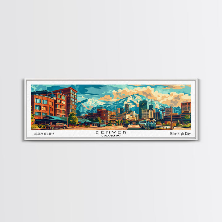 Denver Colorado Panoramic Painting Framed Canvas Print, Mid Century Modern Art, Pop Art Style, Travel Poster, Wall Art Decor, Retro Style