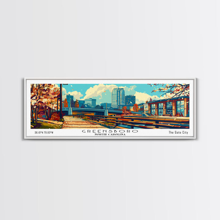 Greensboro North Carolina Panoramic Travel Poster Framed Canvas Print, Mid Century Modern Art, Pop Art Style, Wall Art Decor, Home Decoration