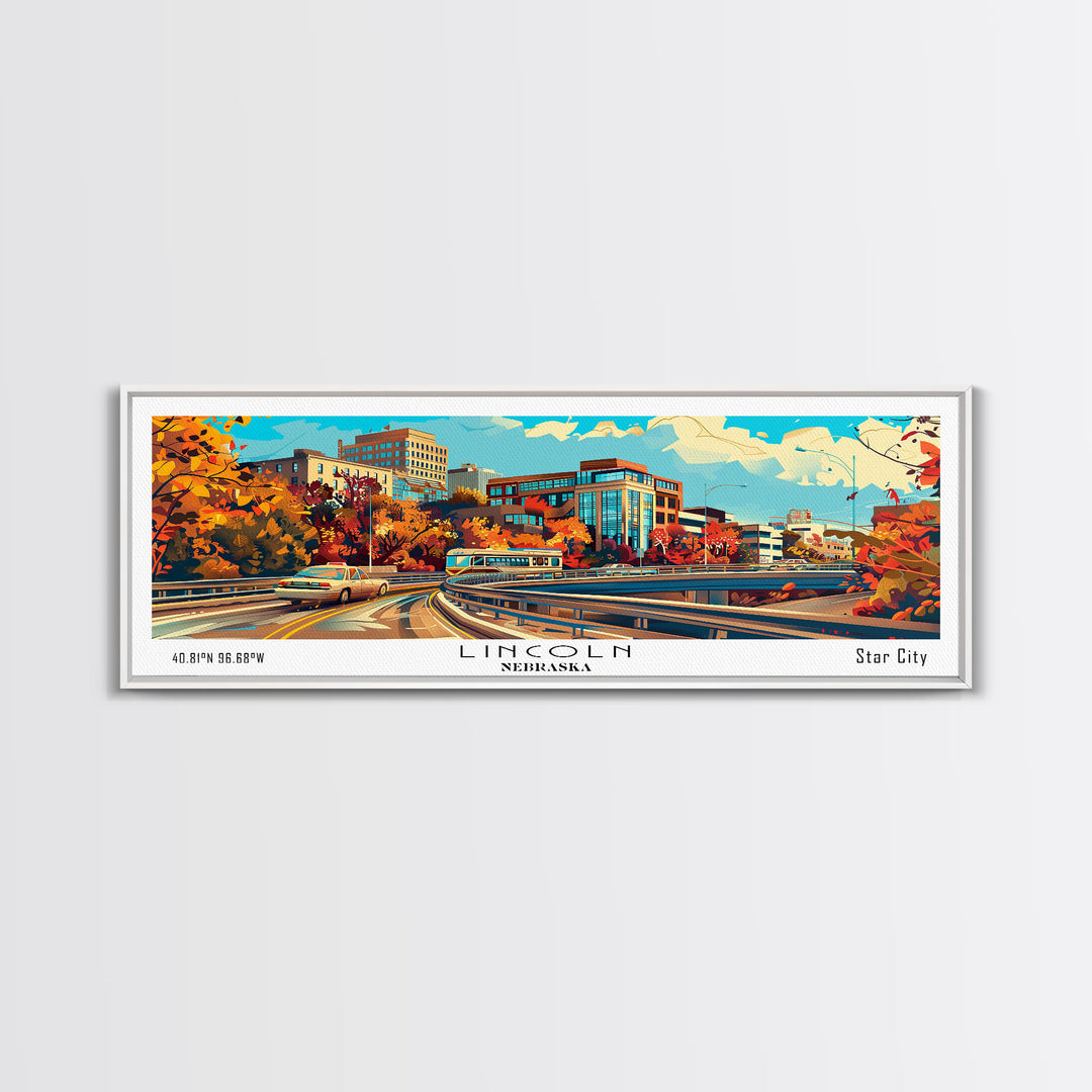 Lincoln Nebraska Panoramic Wall Art, Mid Century Modern Framed Canvas Print, Retro Pop Art Travel Poster, Home Decor