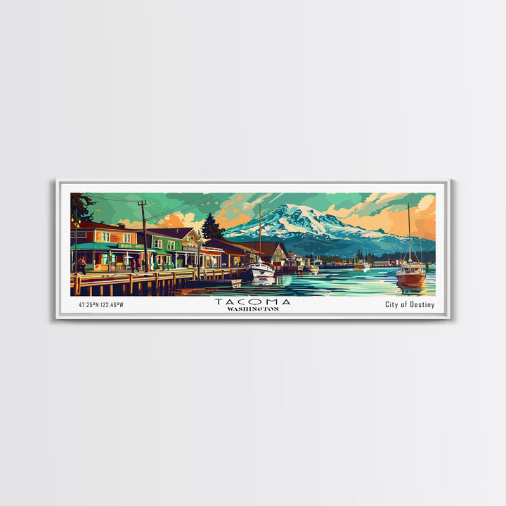 Tacoma Washington Panoramic Painting, Mid Century Modern Framed Canvas Print, Retro Pop Art Travel Poster, Wall Decor, Gift Idea