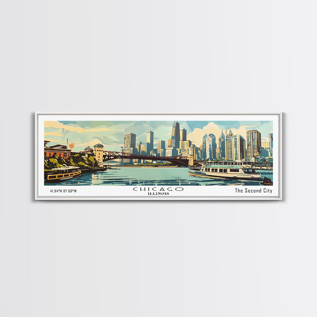 Chicago Illinois Panoramic Painting, Mid Century Modern Framed Canvas Print, Retro Pop Art Travel Poster, Wall Decor, Gift Idea, Home Decor