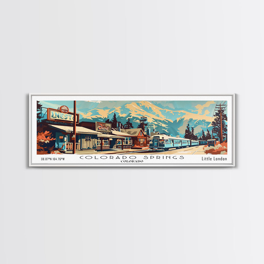 Colorado Springs Colorado Panoramic Painting, Mid Century Modern Framed Canvas Print, Retro Pop Art Travel Poster, Wall Decor, Gift Idea, Home Decor