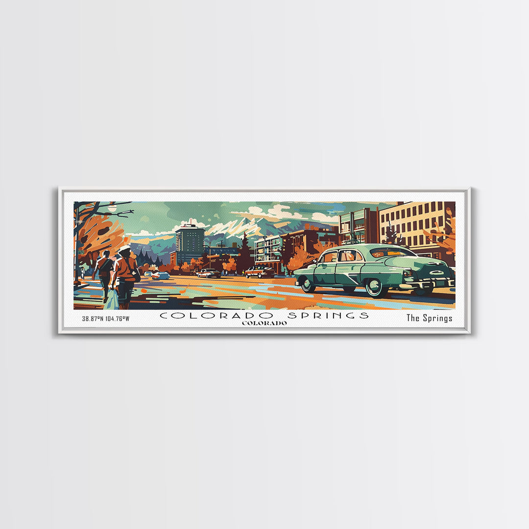 Colorado Springs Colorado Panoramic Wall Art, Retro Pop Art Framed Canvas Print, Mid Century Modern Travel Poster, Living Room Decor, Wall Hanging, Office Art
