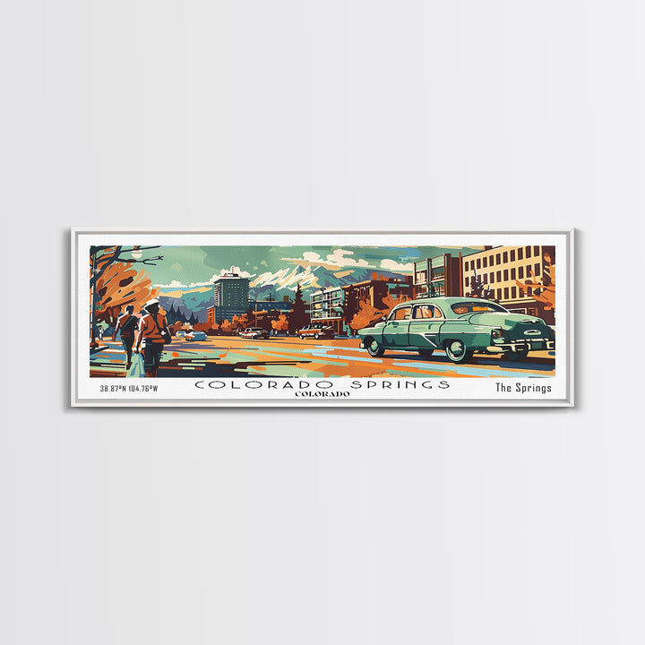 Colorado Springs Colorado Panoramic Wall Art, Retro Pop Art Framed Canvas Print, Mid Century Modern Travel Poster, Living Room Decor, Wall Hanging, Office Art