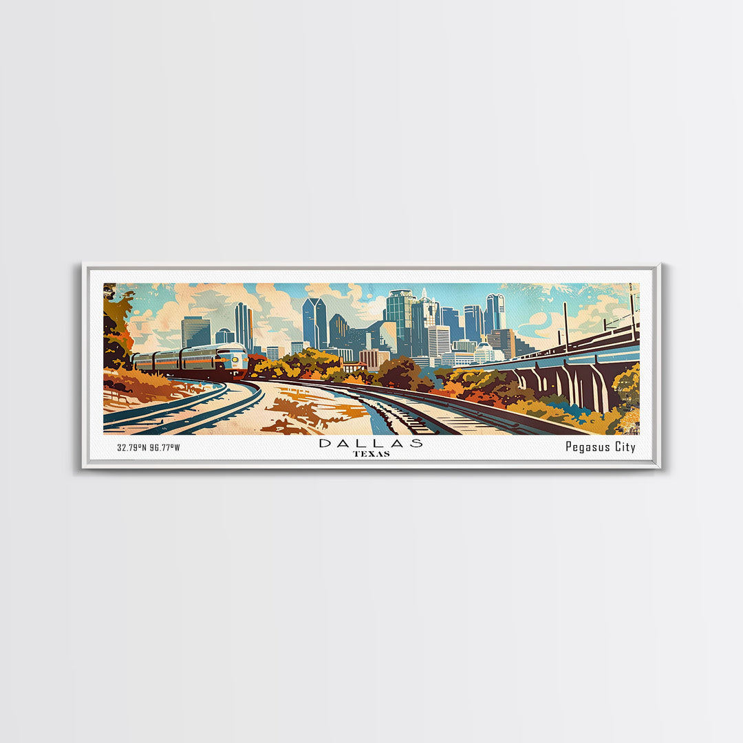 Dallas Texas Panoramic Wall Art, Retro Pop Art Framed Canvas Print, Mid Century Modern Travel Poster, Living Room Decor, Office Art