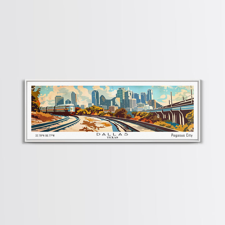 Dallas Texas Panoramic Wall Art, Retro Pop Art Framed Canvas Print, Mid Century Modern Travel Poster, Living Room Decor, Office Art