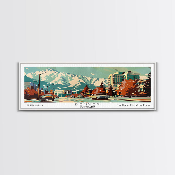 Denver Colorado Panoramic Painting, Mid Century Modern Framed Canvas Print, Retro Pop Art Travel Poster, Wall Art, Home Decor, Office Wall Art