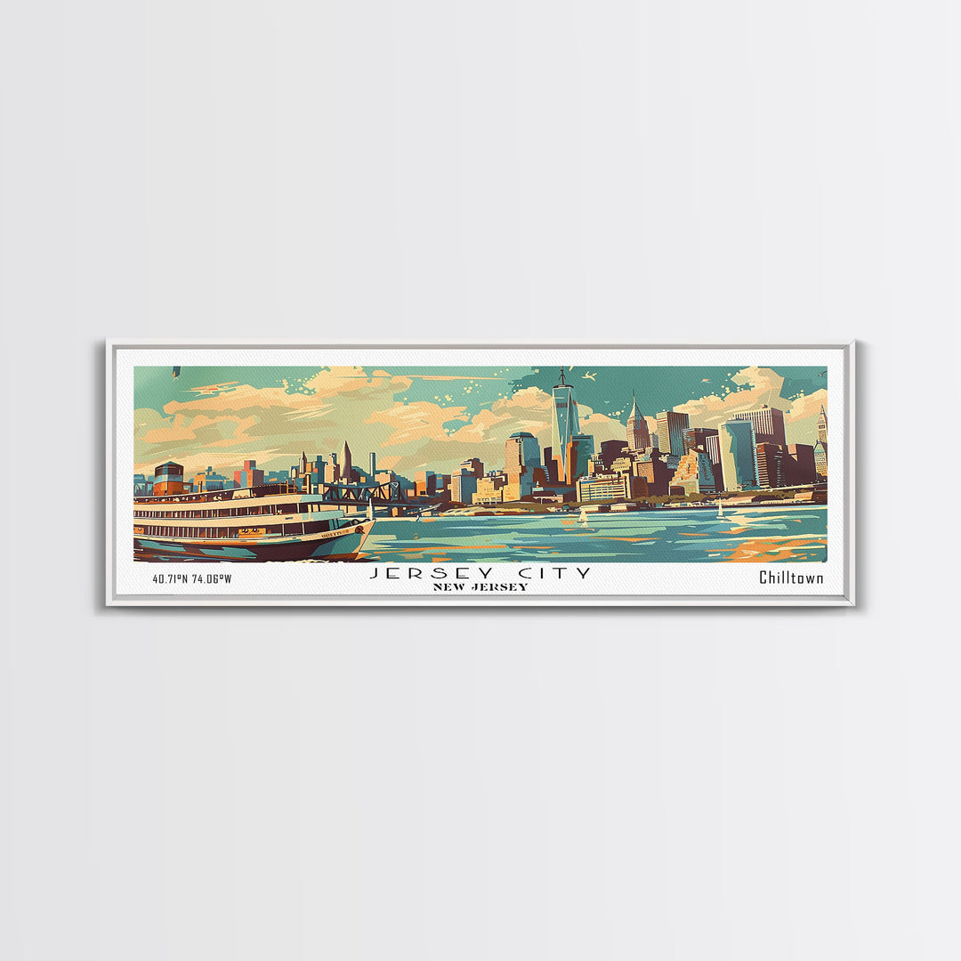 Jersey City New Jersey Panoramic Painting, Mid Century Modern Framed Canvas Print, Retro Pop Art Travel Poster, Wall Art, Home Decor, Office Wall Art, Living Room Decor