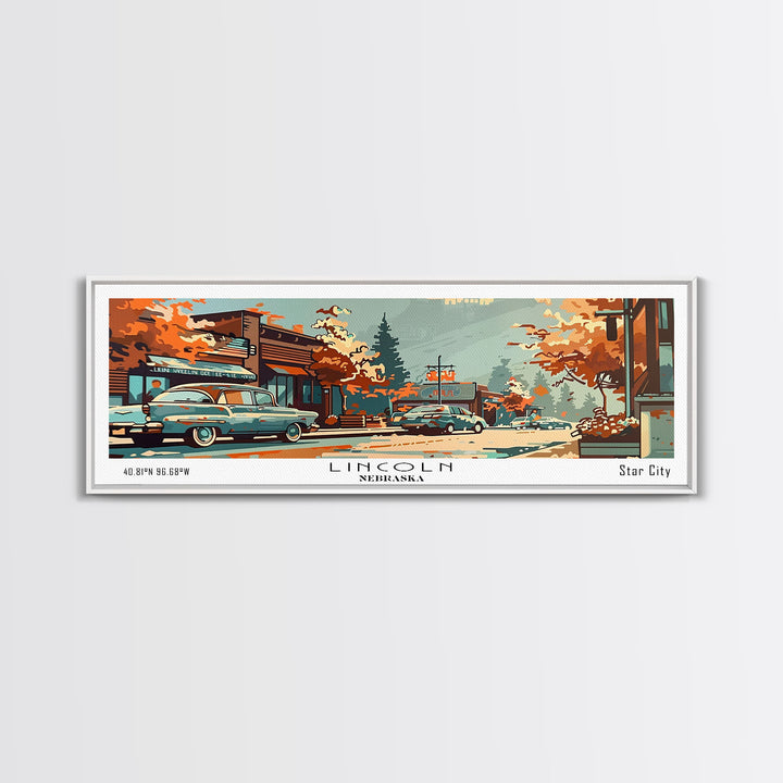 Lincoln Nebraska Panoramic Painting, Mid Century Modern Framed Canvas Print, Retro Pop Art Travel Poster, Wall Art, Home Decor, Office Wall Art, Living Room Decor
