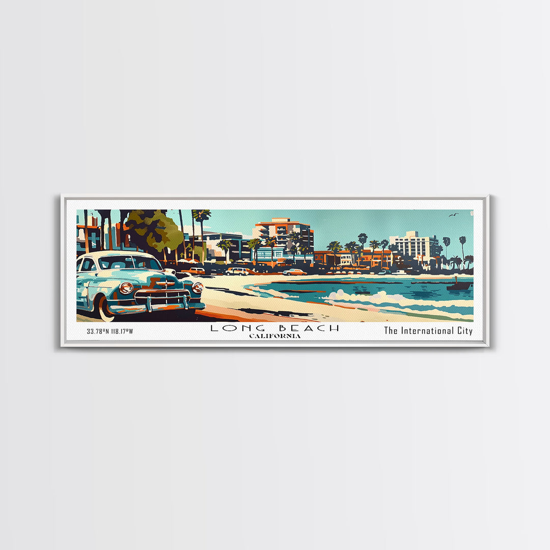 Long Beach California Panoramic Painting, Mid Century Modern Framed Canvas Print, Retro Pop Art Travel Poster, Living Room Wall Art, Home Decor, Vintage Style