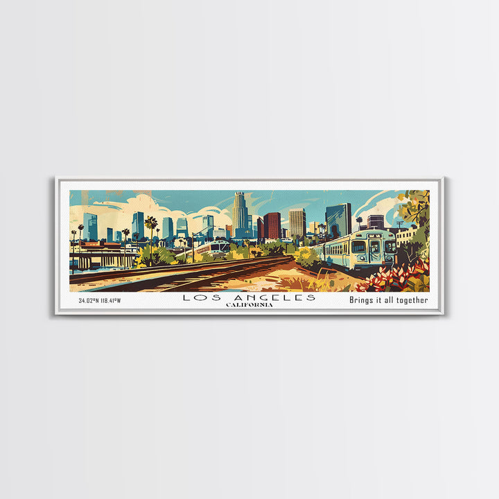 Los Angeles California Panoramic Wall Art, Mid Century Modern Framed Canvas Print, Retro Pop Art Travel Poster, Home Decor, Office Wall Art, Gift Idea
