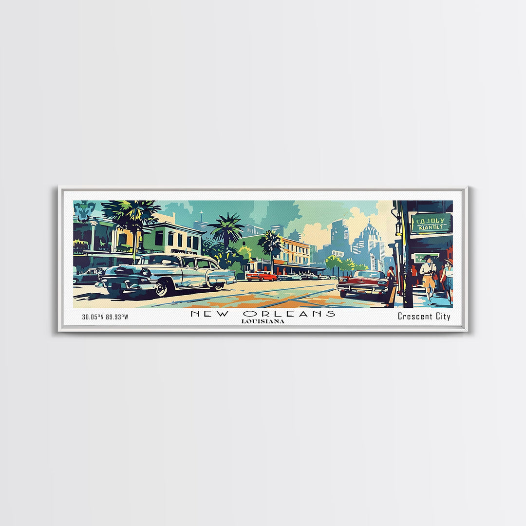 New Orleans Louisiana Panoramic Painting, Mid Century Modern Framed Canvas Print, Retro Pop Art Travel Poster, Living Room Art, Home Decor, Office Wall Art, Vintage Style