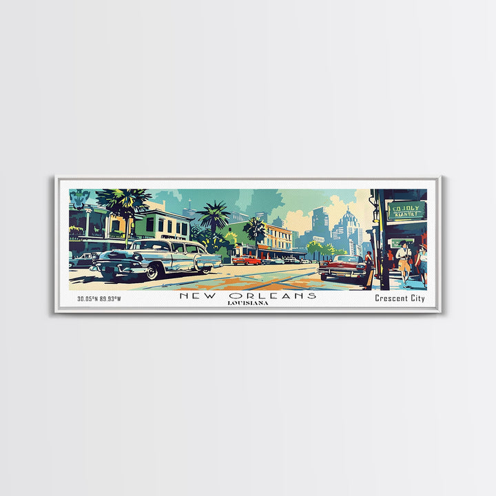 New Orleans Louisiana Panoramic Painting, Mid Century Modern Framed Canvas Print, Retro Pop Art Travel Poster, Living Room Art, Home Decor, Office Wall Art, Vintage Style