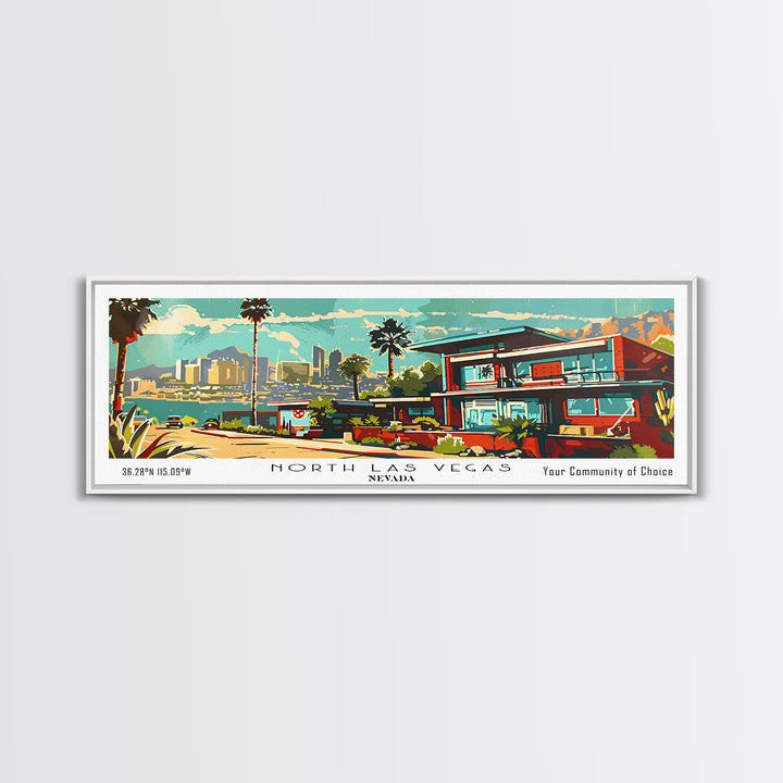 North Las Vegas Nevada Panoramic Wall Art, Mid Century Modern Framed Canvas Print, Retro Pop Art Travel Poster, Home Decor, Office Art, Gift Idea, Living Room Wall Hanging