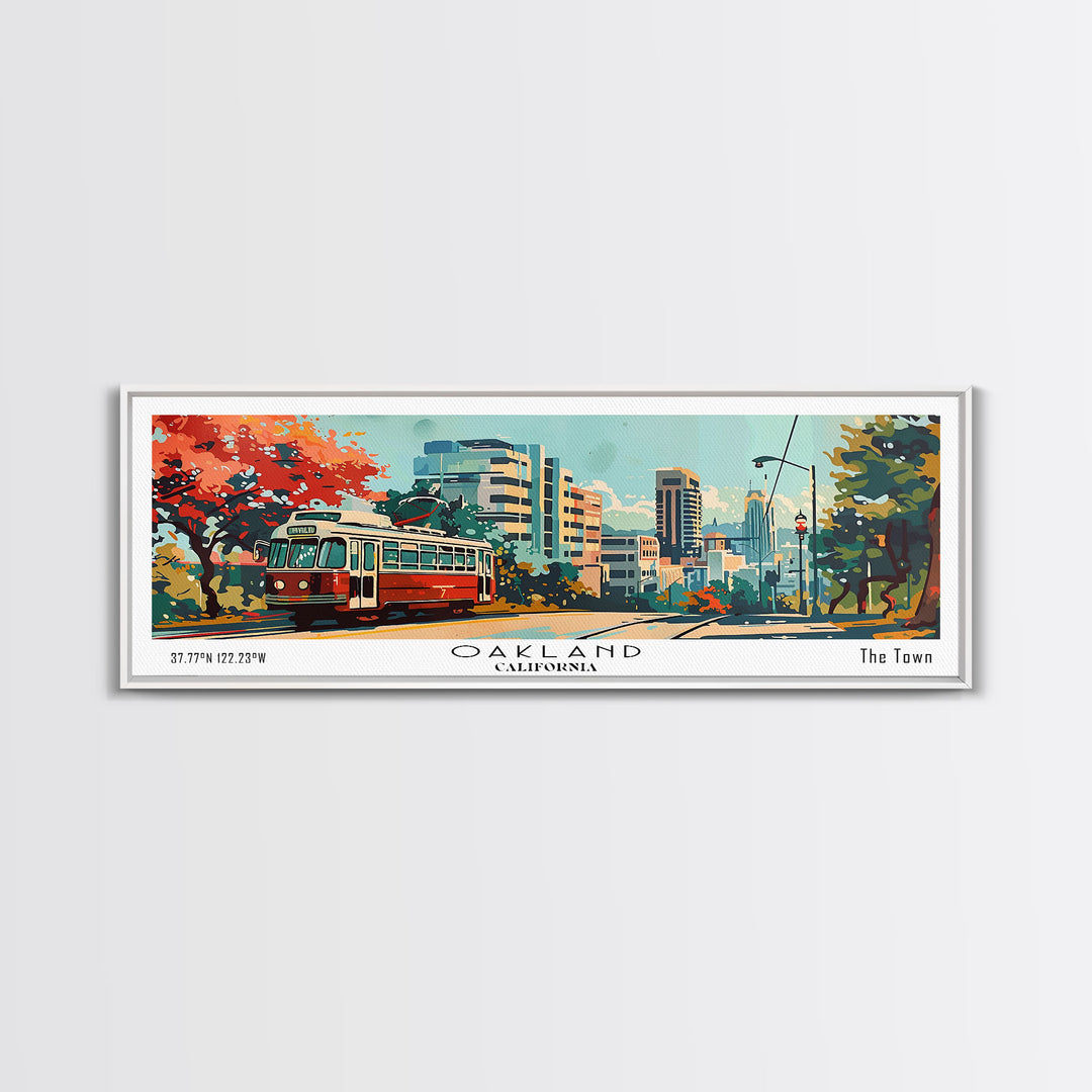 Oakland California Panoramic Painting, Mid Century Modern Framed Canvas Print, Retro Pop Art Travel Poster, Living Room Art, Home Decor, Office Wall Art, Vintage Style
