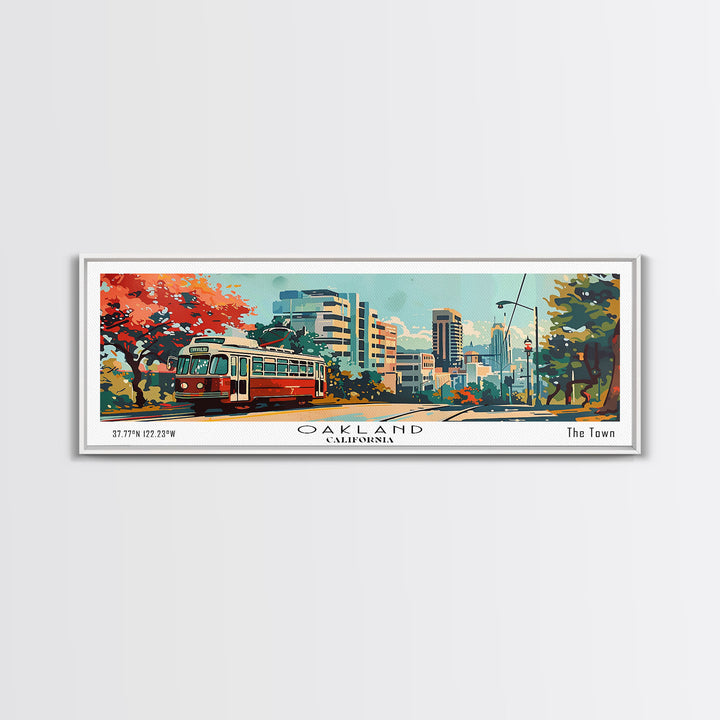 Oakland California Panoramic Painting, Mid Century Modern Framed Canvas Print, Retro Pop Art Travel Poster, Living Room Art, Home Decor, Office Wall Art, Vintage Style