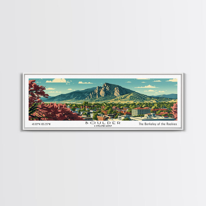 Boulder Colorado Panoramic Painting, Mid Century Modern Framed Canvas Print, Retro Pop Art Travel Poster, Living Room Wall Art Decor, City Print