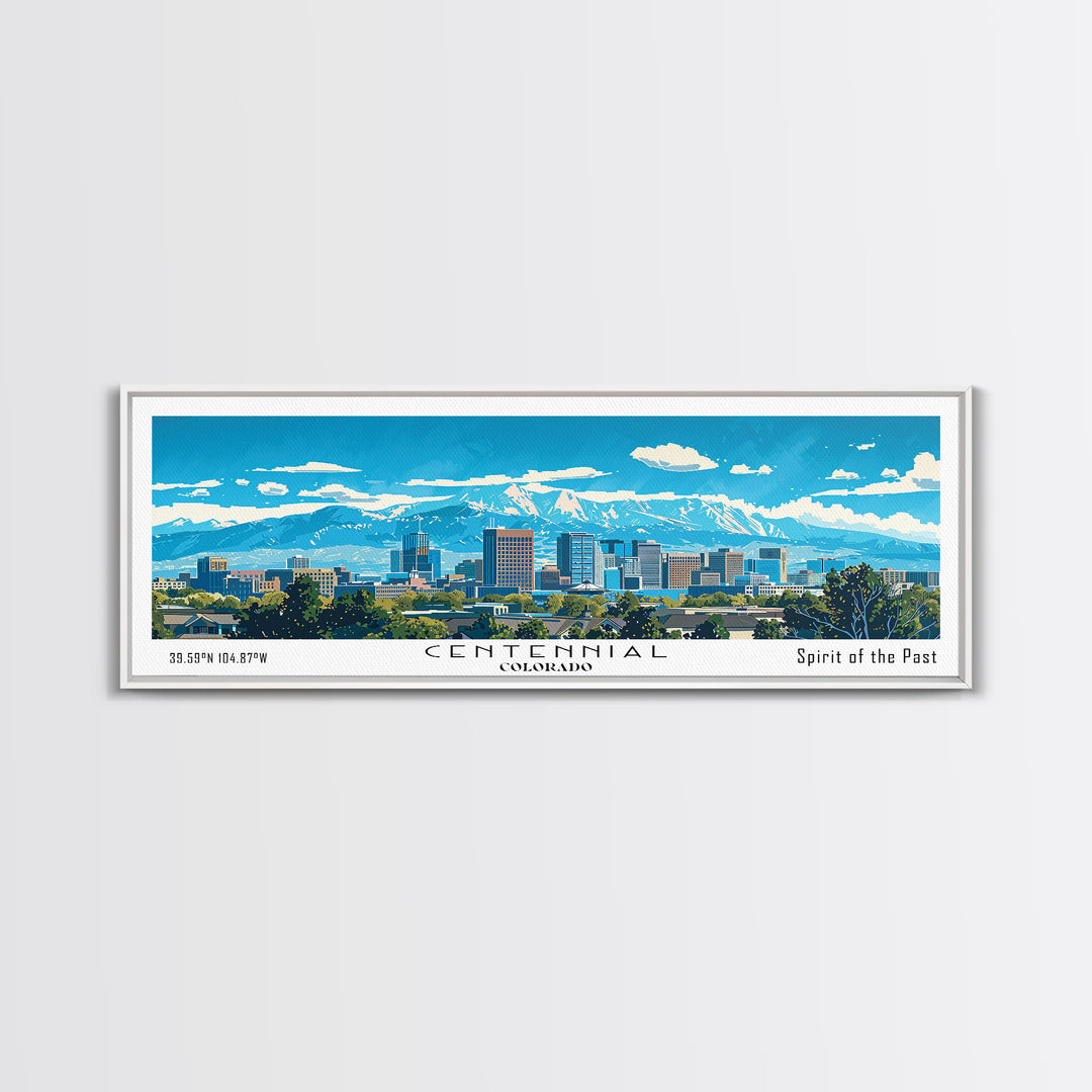 Centennial Colorado Panoramic Painting, Mid Century Modern Framed Canvas Print, Retro Pop Art Travel Poster, Office Wall Art Decor, City Art