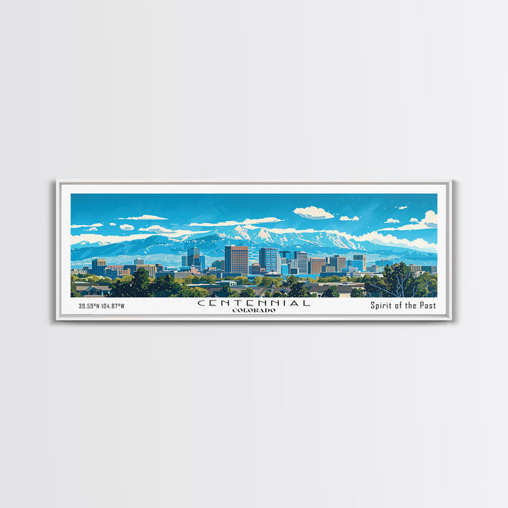 Centennial Colorado Panoramic Painting, Mid Century Modern Framed Canvas Print, Retro Pop Art Travel Poster, Office Wall Art Decor, City Art
