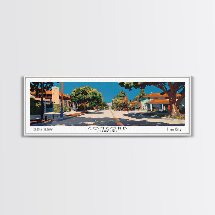 Concord California Panoramic Painting, Mid Century Modern Framed Canvas Print, Retro Pop Art Travel Poster, City Wall Decor, Office Decor