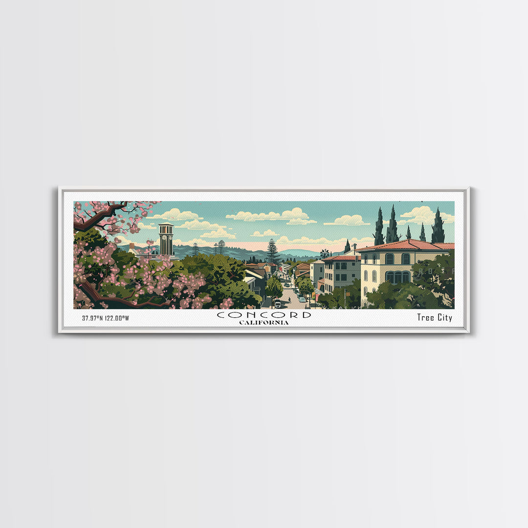 Concord California Panoramic Painting, Mid Century Modern Framed Canvas Print, Retro Pop Art Travel Poster, City Wall Decor, Office Decor