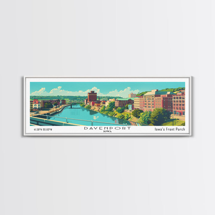 Davenport Iowa Panoramic Wall Art, Mid Century Modern Framed Canvas Print, Retro Pop Art Travel Poster, City Art Gift, Home Decor
