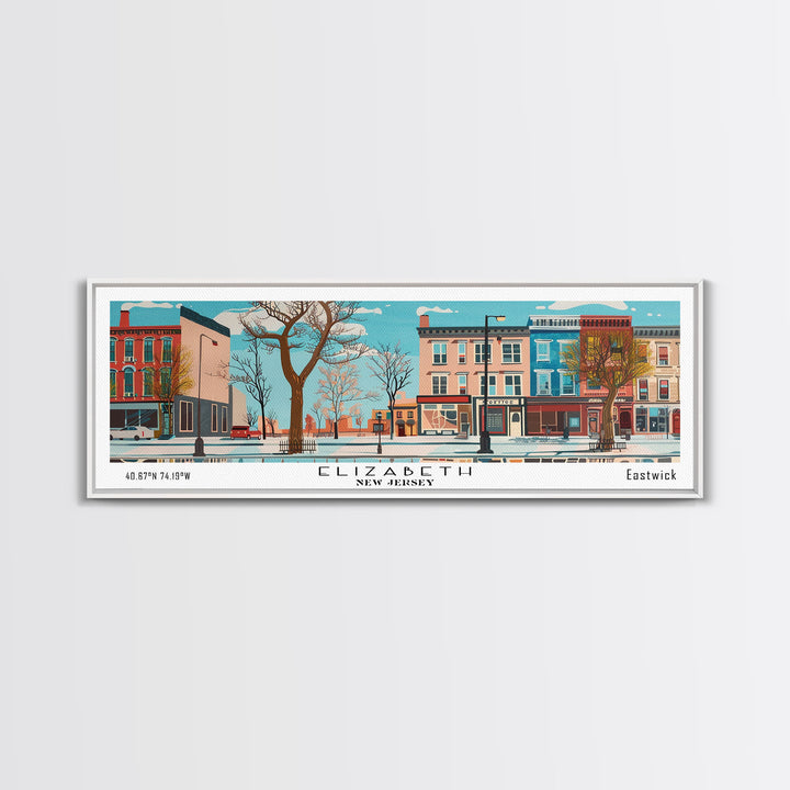 Elizabeth New Jersey Panoramic Wall Art, Mid Century Modern Framed Canvas Print, Retro Pop Art Travel Poster, City Home Decor, Office Art
