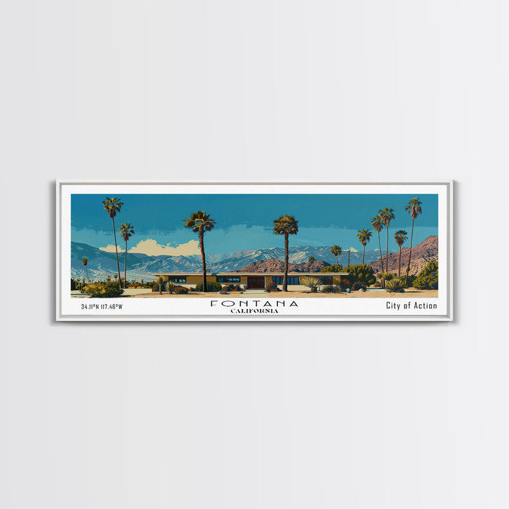 Fontana California Panoramic Painting, Mid Century Modern Framed Canvas Print, Retro Pop Art Travel Poster, Living Room Wall Art
