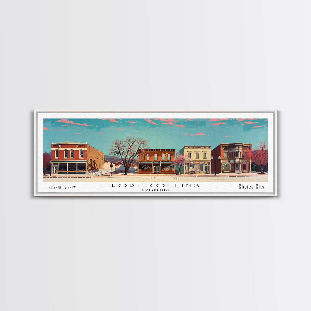 Fort Collins Colorado Panoramic Painting, Mid Century Modern Framed Canvas Print, Retro Pop Art Travel Poster, Office Wall Decor