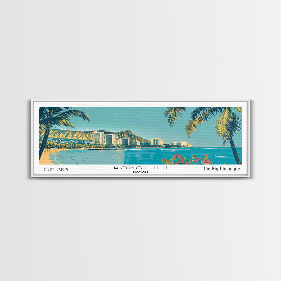 Honolulu Hawaii Panoramic Painting, Mid Century Modern Framed Canvas Print, Retro Pop Art Travel Poster, Home Wall Decor