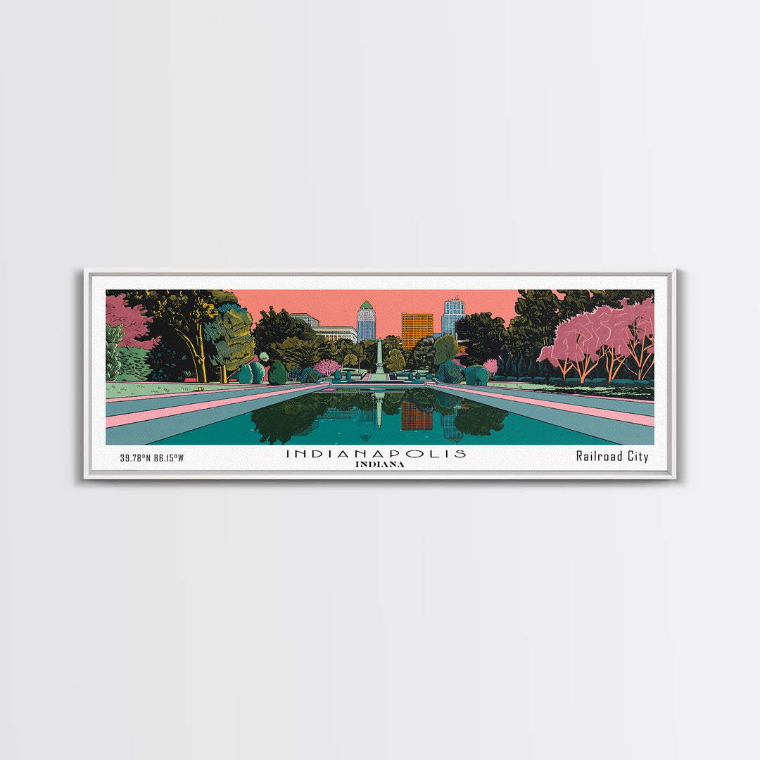 Indianapolis Indiana Panoramic Painting, Mid Century Modern Framed Canvas Print, Retro Pop Art Travel Poster, Office Decor