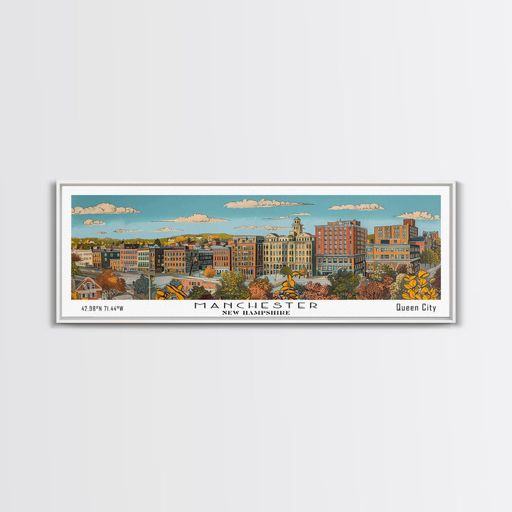 Manchester New Hampshire Panoramic Painting, Mid Century Modern Framed Canvas Print, Retro Pop Art Travel Poster, Living Room Decor
