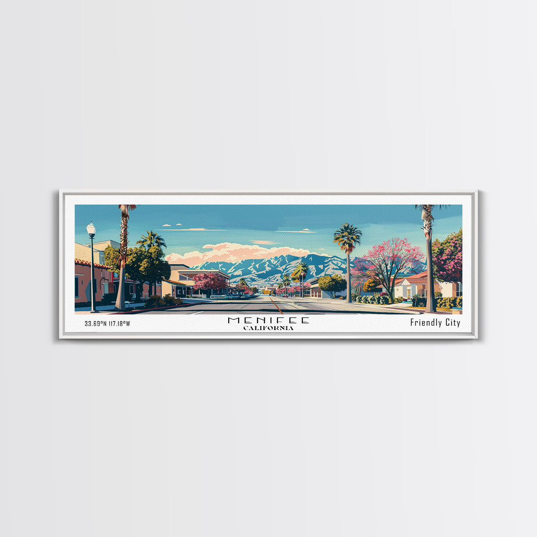 Menifee California Panoramic Wall Art, Mid Century Modern Framed Canvas Print, Retro Pop Art Travel Poster, Living Room Art