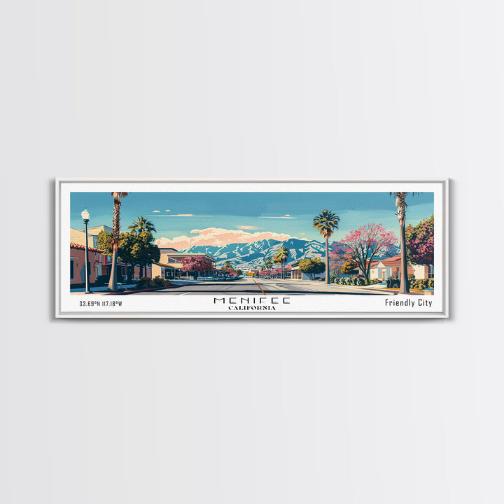 Menifee California Panoramic Wall Art, Mid Century Modern Framed Canvas Print, Retro Pop Art Travel Poster, Living Room Art
