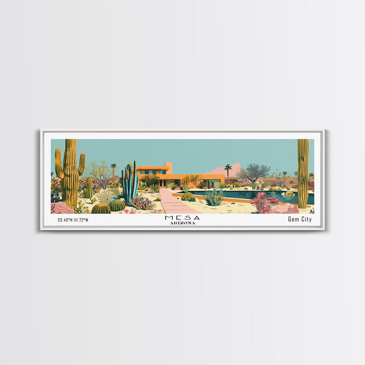 Mesa Arizona Panoramic Painting, Mid Century Modern Framed Canvas Print, Retro Pop Art Travel Poster, Office Wall Art