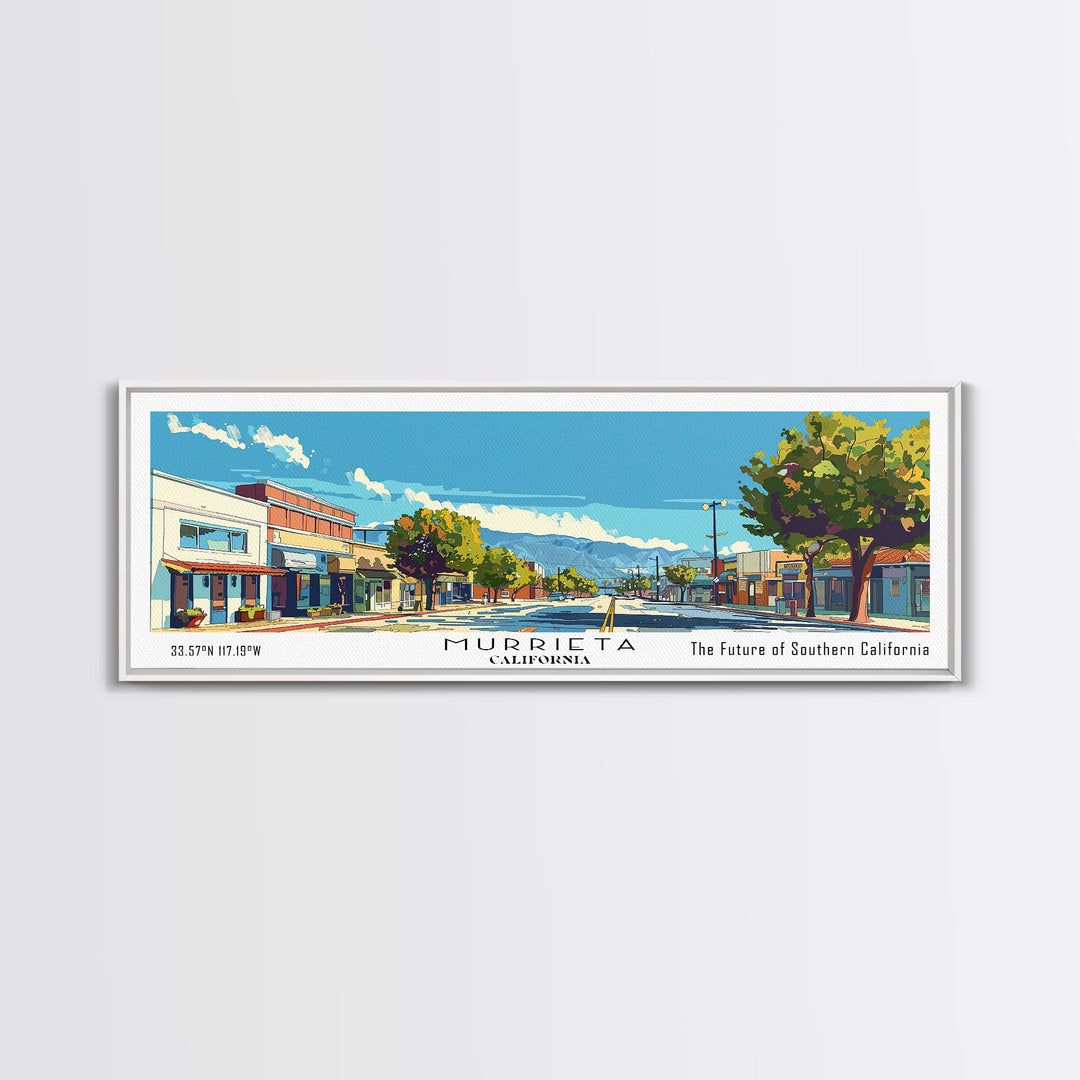 Murrieta California Panoramic Painting, Mid Century Modern Framed Canvas Print, Retro Pop Art Travel Poster, Living Room Decor