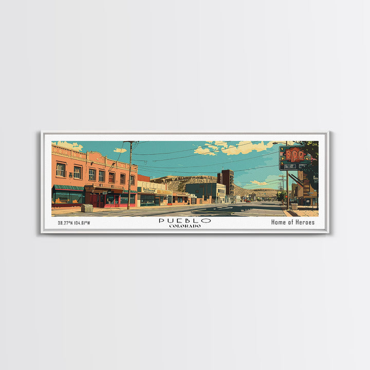 Pueblo Colorado Panoramic Wall Art, Mid Century Modern Framed Canvas Print, Retro Pop Art Travel Poster, City Art, Office Wall Decor, Living Room Art