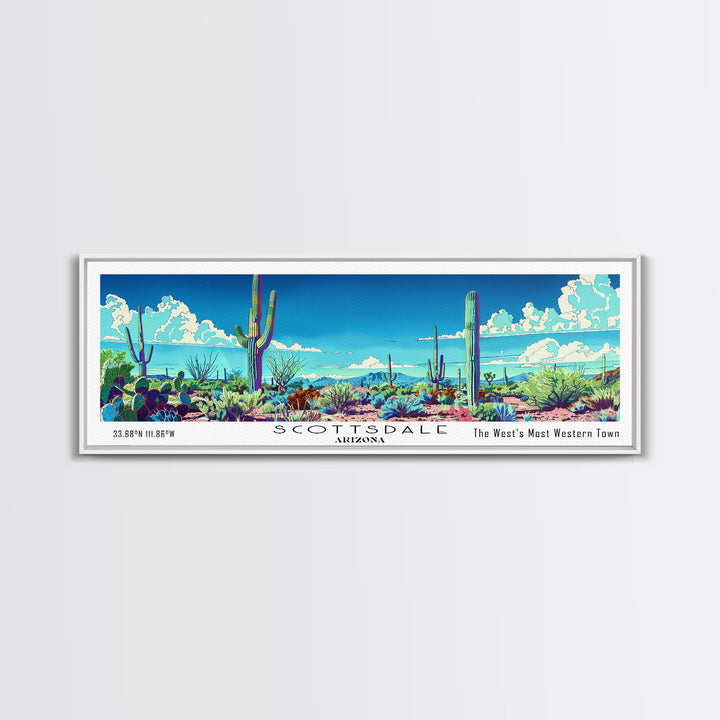 Scottsdale Arizona Panoramic Painting, Mid Century Modern Framed Canvas Print, Retro Pop Art Travel Poster, Wall Hanging for Home Decor