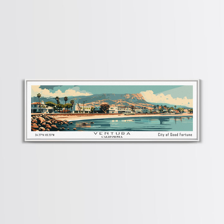 Ventura California Panoramic Wall Art, Mid Century Modern Framed Canvas Print, Retro Pop Art Travel Poster, City Art, Home Decoration