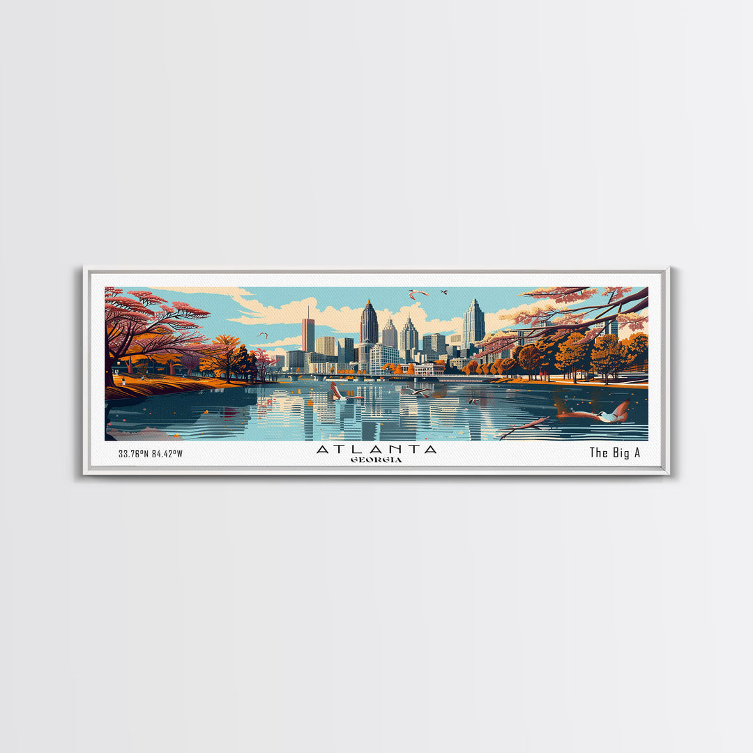 Atlanta Georgia Panoramic Painting, Framed Canvas Print, Mid Century Modern Wall Art, Retro Pop Art Travel Poster, Home Decor, City Art