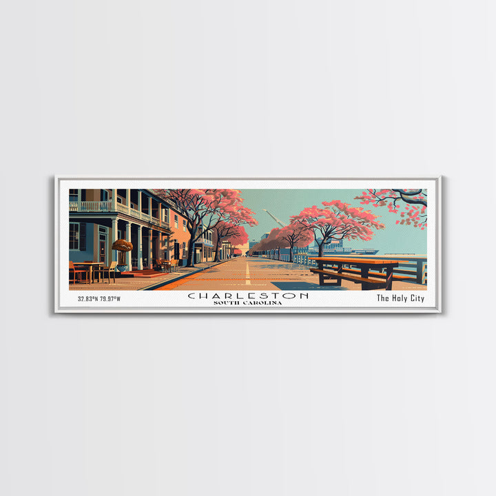 Charleston South Carolina Panoramic Painting, Framed Canvas Print, Mid Century Modern Wall Art, Retro Pop Art Travel Poster, Home Decor, City Art