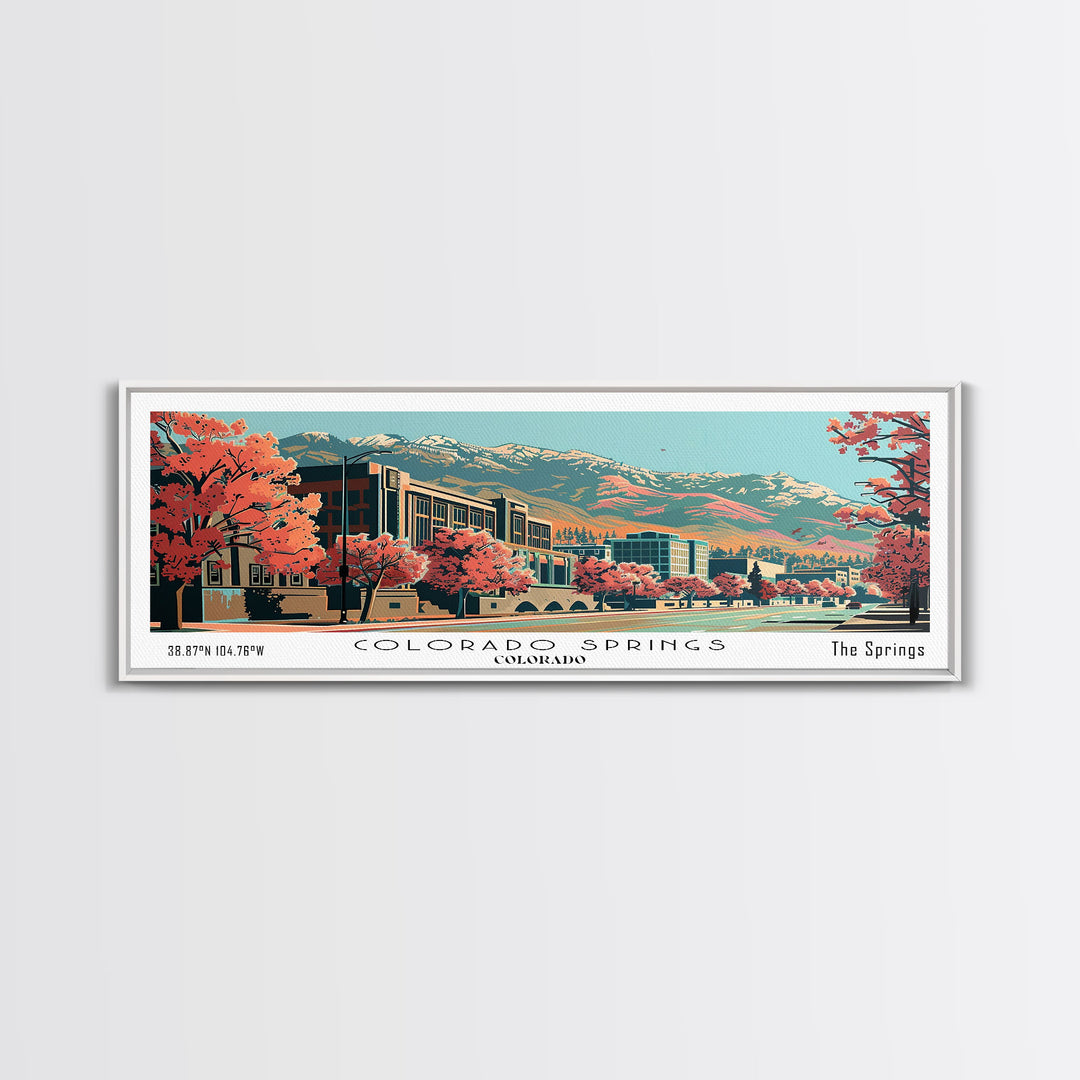 Colorado Springs Colorado Panoramic Painting, Framed Canvas Print, Mid Century Modern Wall Art, Retro Pop Art Travel Poster, Office Decor, City Art