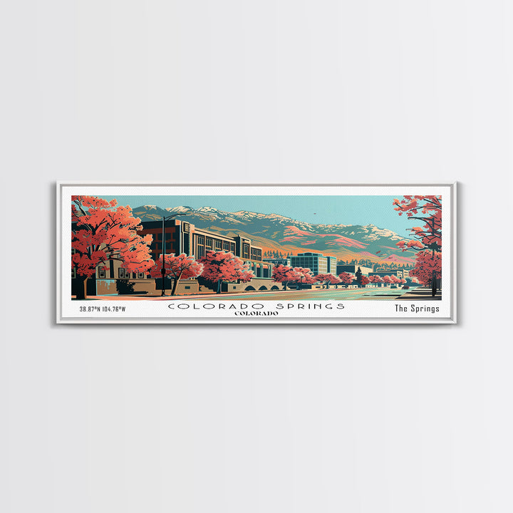 Colorado Springs Colorado Panoramic Painting, Framed Canvas Print, Mid Century Modern Wall Art, Retro Pop Art Travel Poster, Office Decor, City Art