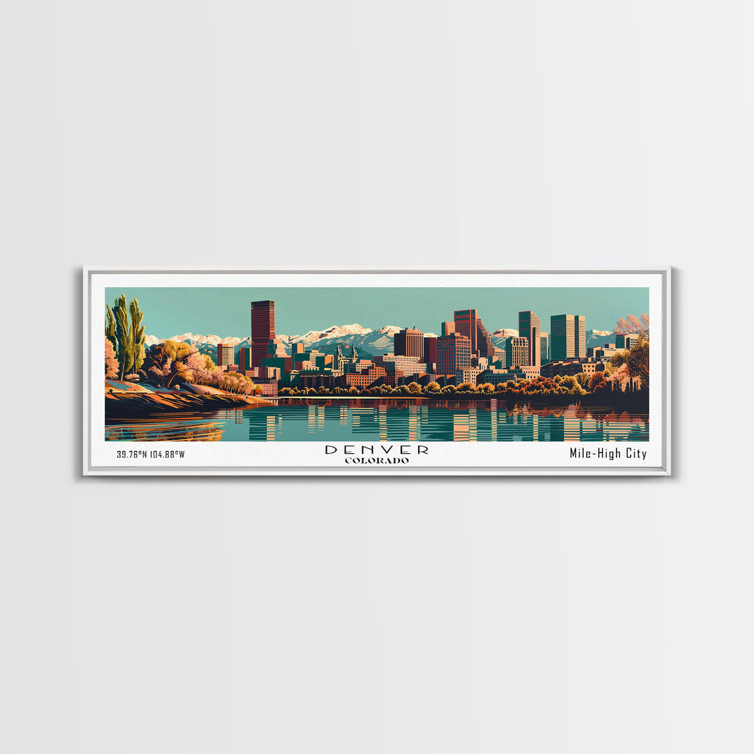 Denver Colorado Panoramic Painting, Framed Canvas Print, Mid Century Modern Wall Art, Retro Pop Art Travel Poster, Living Room Decor, City Art